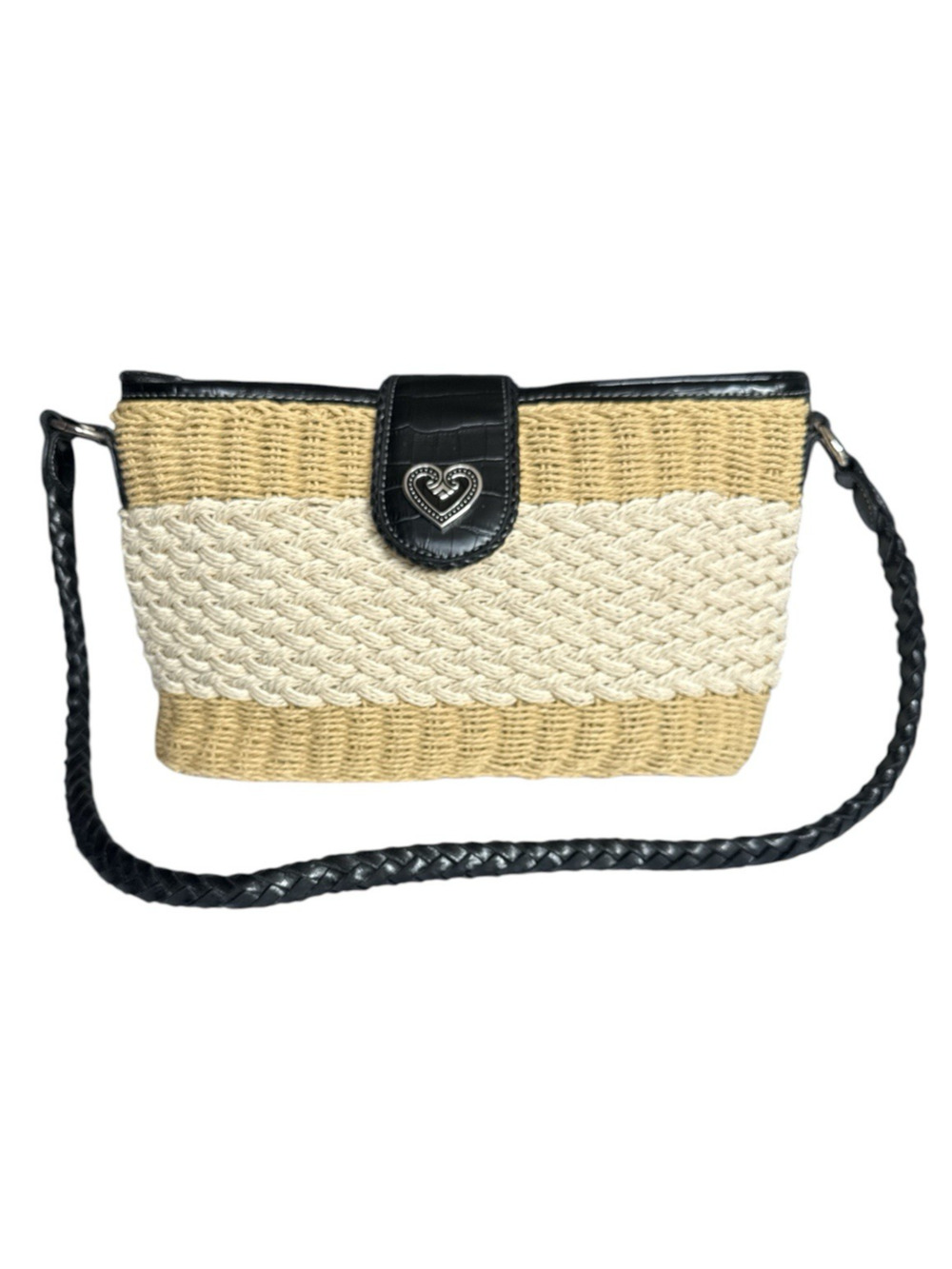 Coldwater Creek Woven Straw Jute Shoulder Bag Black Leather Flap w/Heart Purse